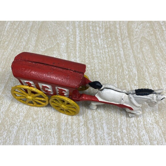 Vintage Cast Iron Horse Drawn Carriage Ice Cart Truck Wagon Toy Red White - Picture 2 of 9